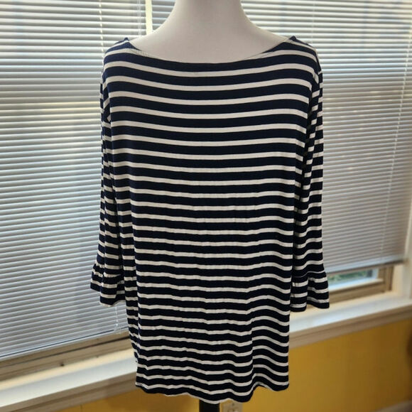 Green Envelope $55 1X Navy White Stripe Ruffle Cuff Stretch Knit Tunic Top - Picture 4 of 8